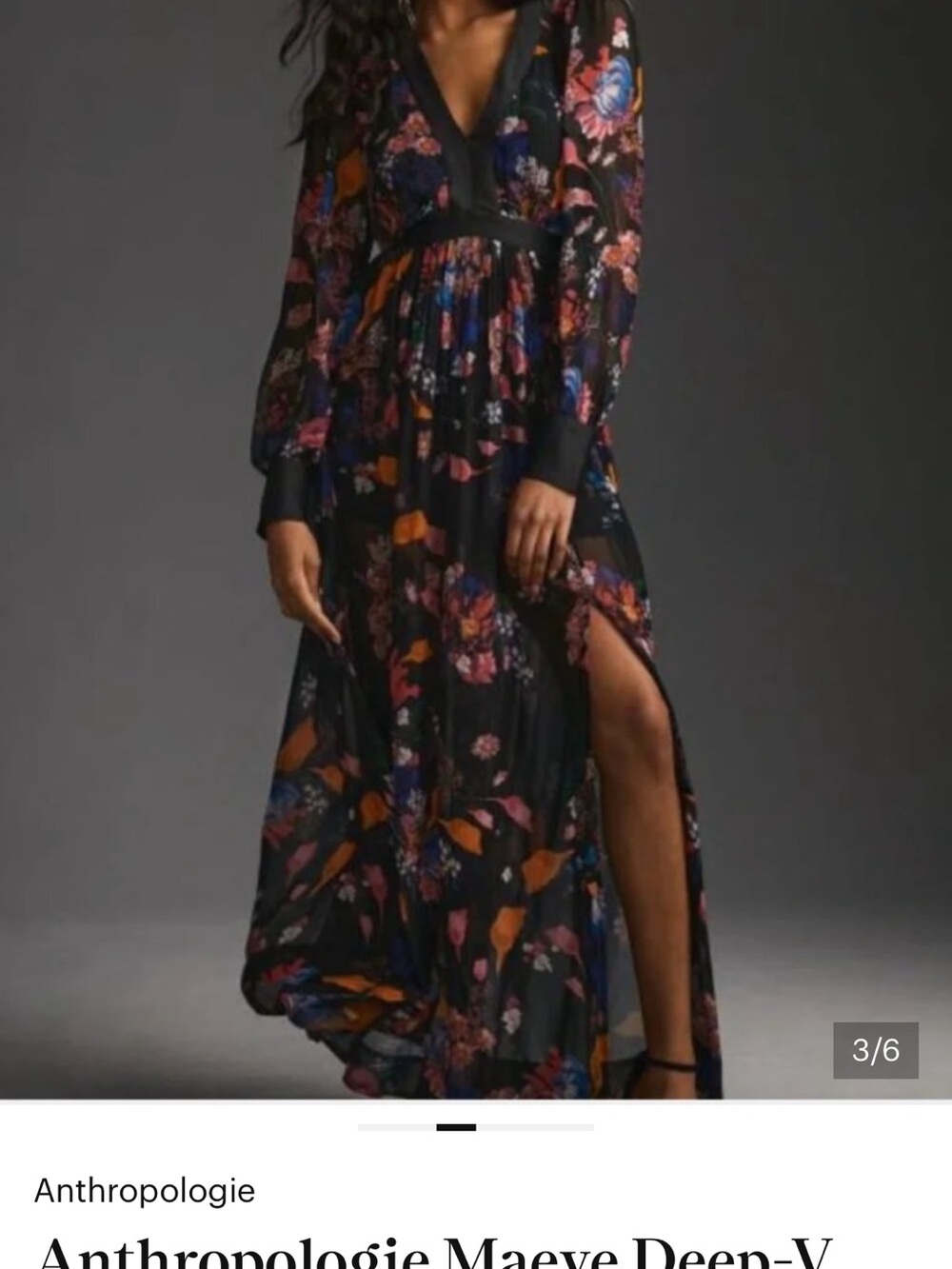 Anthropologie Black Floral Deep-V Long Sleeve Maxi Dress